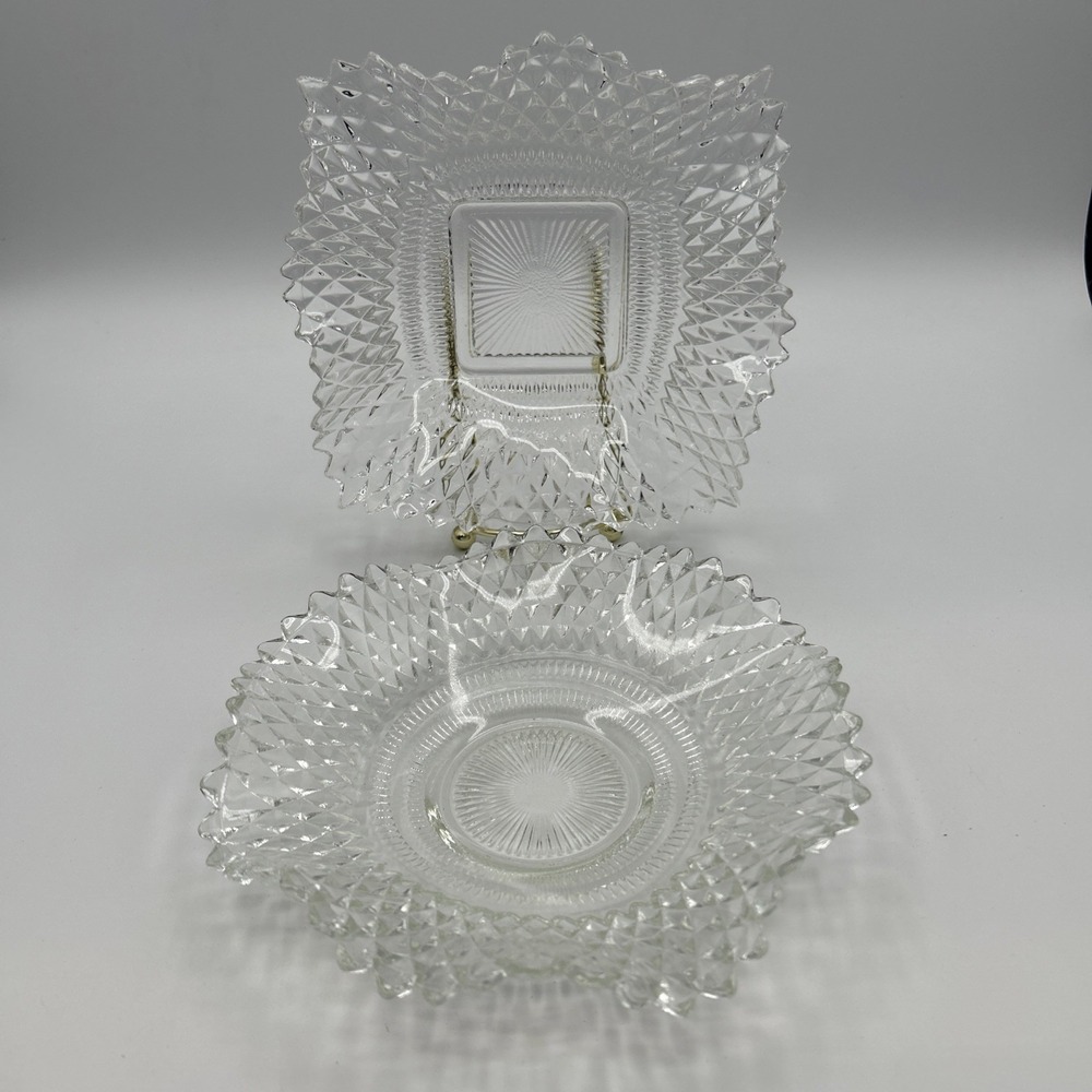 Vintage Indiana Glass Diamond Point Clear Dish Set Ruffled Sawtooth Edge MCM 2pc